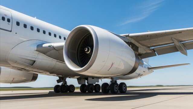Commercial airplane jet engine turbofan close up view with landing gear on airport tarmac runway ground perspective