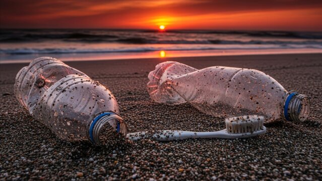 Environment - Plastic Bottles and Toothbrush Washed Ashore on Sandy Beach at Dramatic Red Sunset