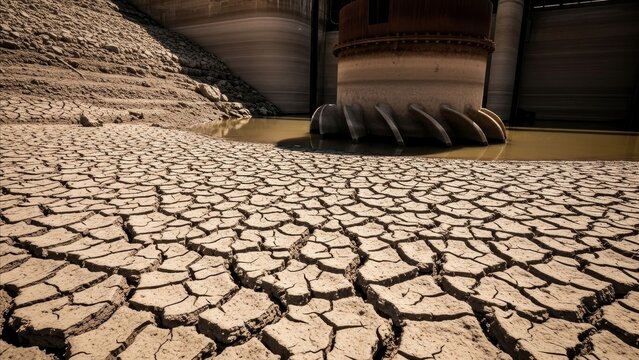 Industrial tire crushing cracked drought desert landscape with concrete infrastructure and construction equipment environmental impact