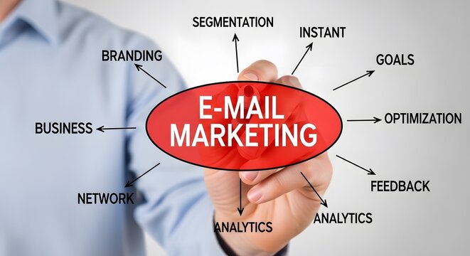 Hand writing e-mail marketing diagram with connected words mind map marketing