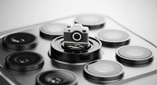 Vintage camera resting on a collection of old camera lenses