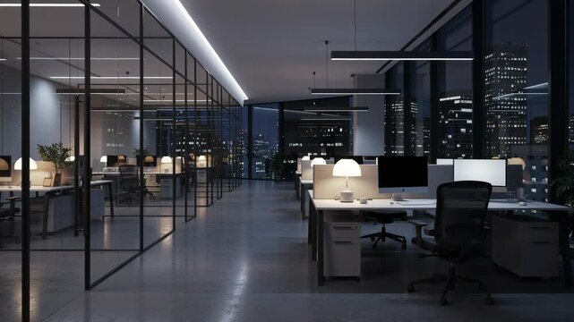 Modern empty office workspace at night with city skyline view and illuminated desks and computers