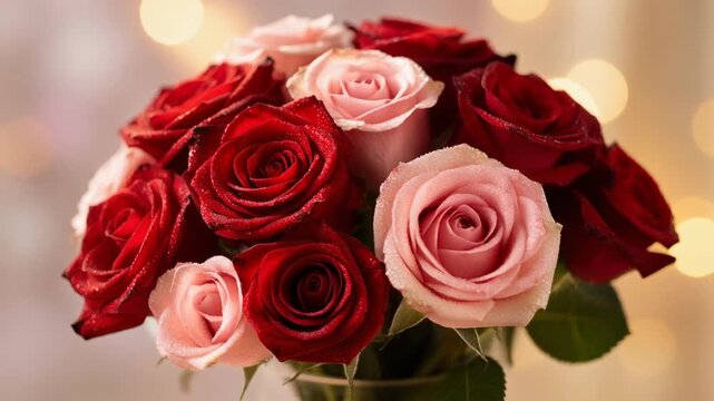 Beautiful bouquet of red and pink roses with water droplets on petals in soft bokeh background