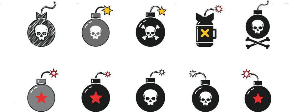 Explosive Bomb Icon Set with Skull and Danger Symbols for Hazardous Alerts and Warning Signs