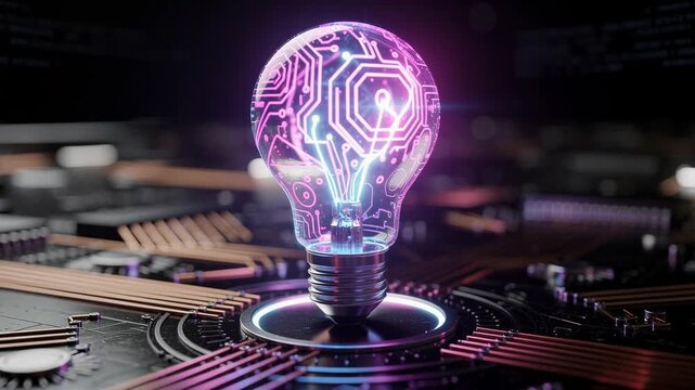 Glowing futuristic light bulb with digital circuit board design representing innovation technology and ideas