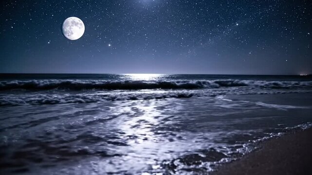 Night ocean scene with moon and stars waves on beach