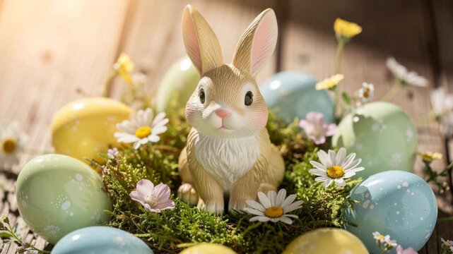 Cute Easter bunny surrounded by colorful decorated eggs and spring flowers on wooden background
