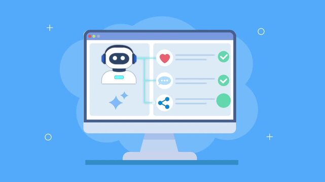 Flat vector animation of a healthcare dashboard with robot assistant, heart icon, medical data, and status indicators, representing digital health monitoring and automation systems.