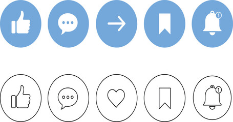 Fototapeta premium Set of Social Media and User Interface Icons Featuring Thumbs Up, Chat Speech Bubble, Arrow, Bookmark, Bell Notification, and Heart Symbols in Solid Blue and Linear Outline Styles.
