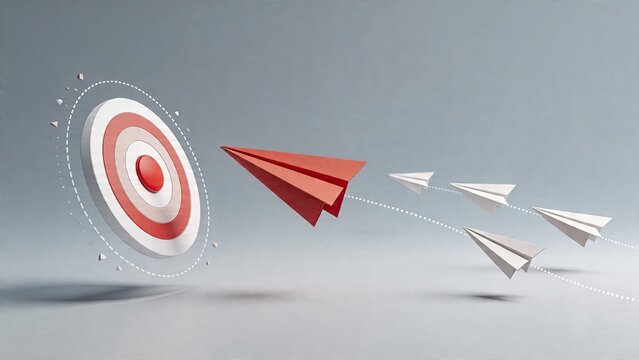 Business paper airplane strategy leading to target success goal achievement with red leader aircraft ahead of white team flying formation towards bullseye mark on gray background