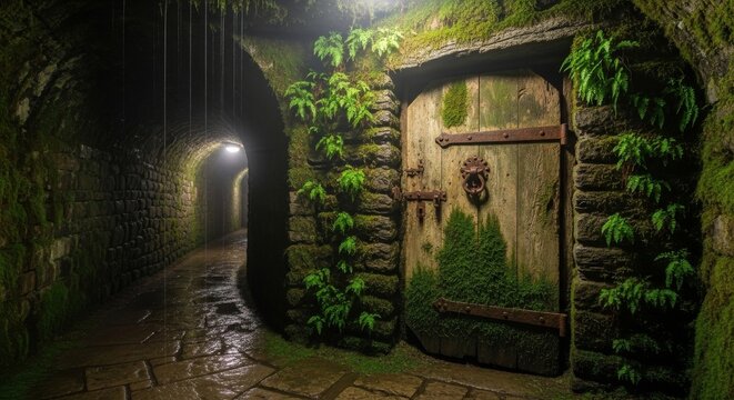Mysterious Old Wooden Door and Tunnel Entrance