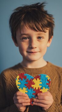 Young boy with freckles smiling while holding colorful heart-shaped autism puzzle