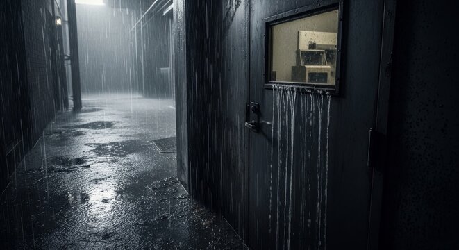 Heavy Rain Falls on a Metal Backdoor at Night
