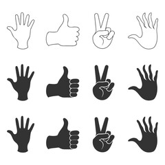 Fototapeta premium Collection of Human Hand Gesture Symbols Including Like, Peace Sign, Stop Hand, and Open Palm Icons in Black and White Vector Format