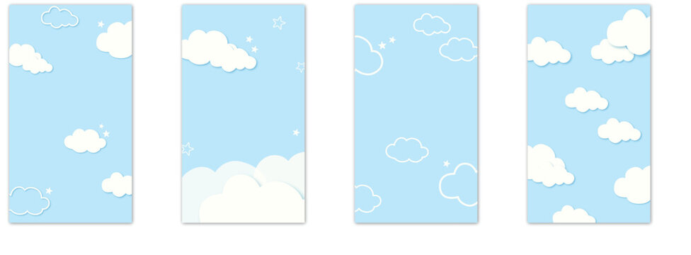 Blue cloud background set with sky and stars, vertical templates collection for baby shower, social media stories and design