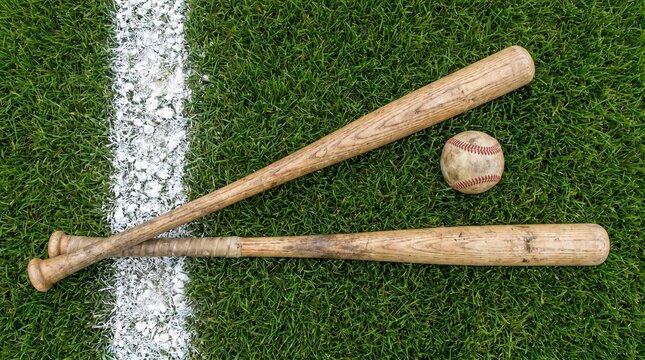 Two wooden baseball bats and a ball resting on vibrant green grass with a white line border, captured from a low perspective