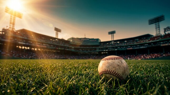 A stunning low-angle wide-view of a vibrant baseball field under a radiant sunset sky, with a worn baseball resting on the emerald green grass, showcasing the stadium's grand scale
