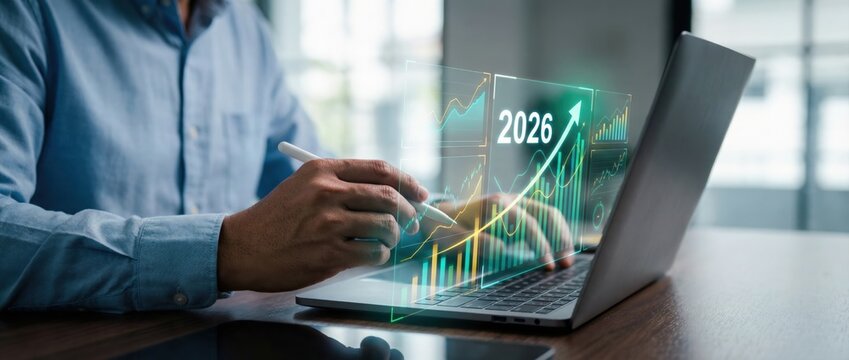 Analyzing business growth trends for 2026 digital workspace data visualization professional environment close-up view economic forecasting