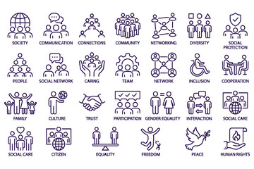 Fototapeta premium Abstract social values and concepts illustrated in minimalist black line icons set, perfect for corporate branding, equality advocacy, and community engagement materials