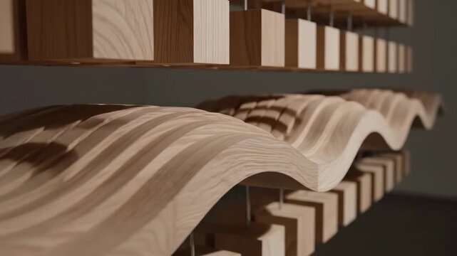 Kinetic wooden sculpture showing undulating wave patterns created by moving timber blocks.