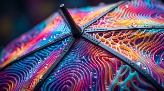 Colorful Umbrella with Water Droplets Umbrella Colorful Artistic Water Droplets Close-Up Rainy Day Vibrant Colors. Concept featuring umbrella, colorful, artistic, water droplets, close-up for profe...