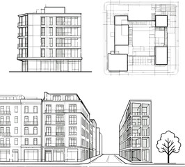 Generate a realistic kinds of deferent Architectural Drawings, Minimal style cad tree line drawing, Side view, set of section city street building outline for landscape design drawing in separate vect © MD