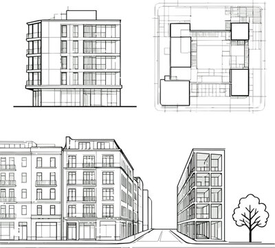 Generate a realistic kinds of deferent Architectural Drawings, Minimal style cad tree line drawing, Side view, set of section city street building outline for landscape design drawing in separate vect