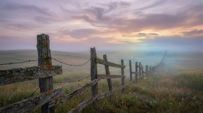 Serene Foggy Landscape with Wooden Fence Landscape Fog Sunrise Wooden Fence Nature Tranquil Countryside. Concept featuring landscape, fog, sunrise, wooden fence, nature for professional commercial ...