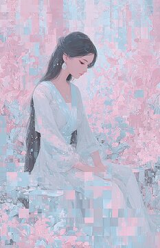 Ethereal Digital Art of Elegant Woman in Serene Pastel Fantasy Background, Reflective Mood, Dreamy Atmosphere