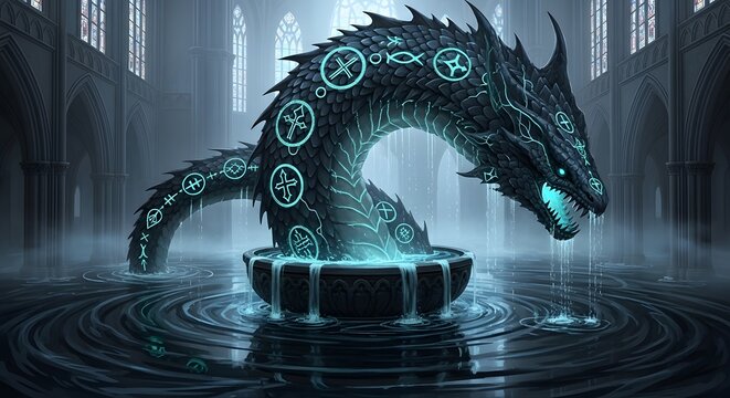 Mystical Serpent Fountain in Ancient Cathedral, Ethereal Glow