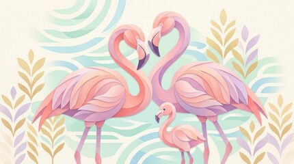 Obraz premium Stylized Flamingos Family Illustration Flamingos Family Pastel Colors Birds Tropical Nature Art. Concept featuring flamingos, family, pastel colors, birds, tropical for professional commercial design.