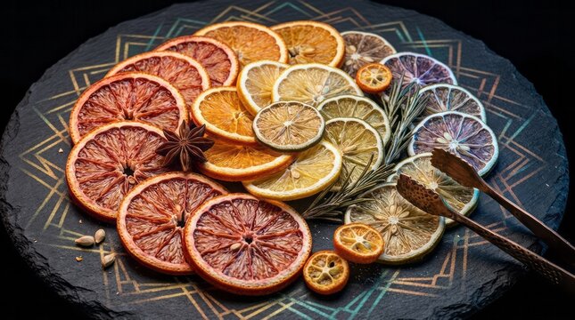 Colorful Dried Citrus Slices on Slate Dried Citrus Orange Slices Lemon Slices Decorative Food Slate Background Culinary Art Colorful Arrangement. Concept featuring dried citrus, orange slices, lemo...