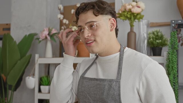 Man florist adjusting glasses with right hand while smiling among vases and plants in a studio; friendly warmth.