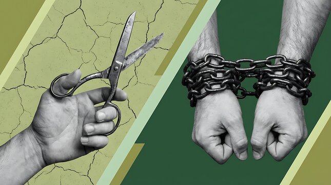 Symbolic image of freedom and constraint hands breaking chains with scissors representing liberation