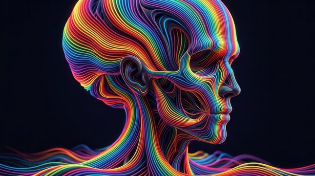Colorful Abstract Human Profile Human Profile Colorful Lines Art Digital Art Neon Creativity. Concept featuring human profile, colorful, lines, art, digital art for professional commercial design.