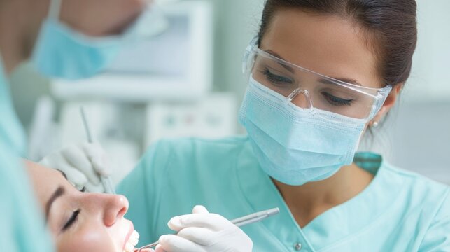 Hispanic female dental hygienist using ultrasonic scaler for teeth cleaning on patient in dental clinic with soft lighting and clinical equipment in the background