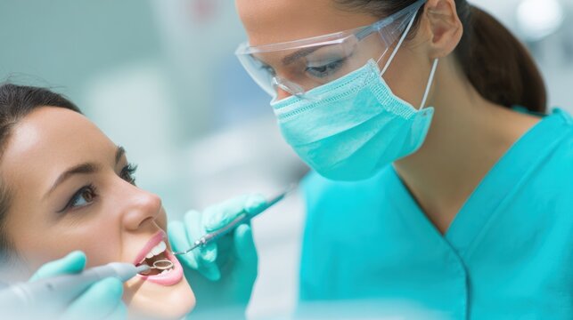 Hispanic female dental hygienist using ultrasonic scaler for teeth cleaning on patient in dental clinic with soft clinical lighting and bright high key composition