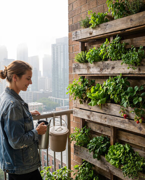 Young woman watering plants in vertical garden on urban balcony