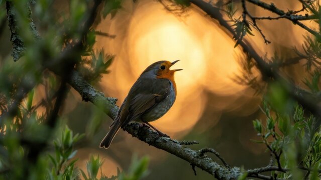 Robin perched and singing on branch with circular sun bokeh