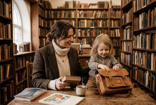 Smiling mother and young child in a cozy vintage library looking into a leather messenger bag while holding old books, reflecting the poetcore and dark academia aesthetic for Mother's Day.