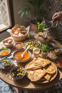 Traditional Moroccan breakfast with Msemen, olives, honey and mint tea pouring, authentic table with Zellige background, vertical lifestyle photography.