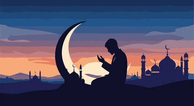 Silhouette of a person praying on a crescent moon with mosque at sunset
