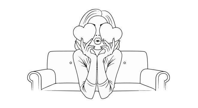 Woman with heart-shaped hearts covering eyes sits on sofa, lips puckered