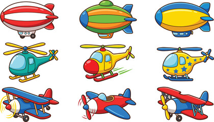 Cartoon Air Transport Set with Colorful Blimps, Helicopters and Vintage Airplanes for Kids Aviation Illustration, Travel Design and Flying Vehicle Graphics © Sabbir Studio
