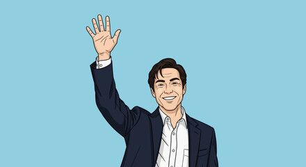 Man in Suit Waving Hello Friendly Greeting. © tonio
