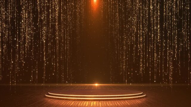 Golden casino podium club confetti spotlight beams celebration display. Luxury stage platform circles, sparkles rays gambling winner presentation product presentation cyberspace stream party award