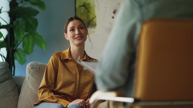 Happy young woman sharing her news with psychotherapist, good therapy result
