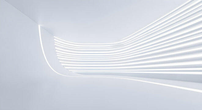Abstract architectural background with white curved walls and glowing horizontal lines isolated on white background