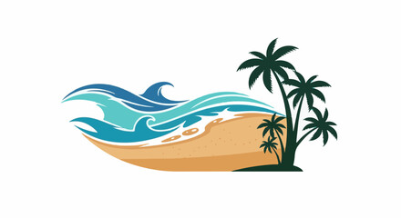 Fototapeta premium Stylized beach scene with waves, sandy shore, and palm trees