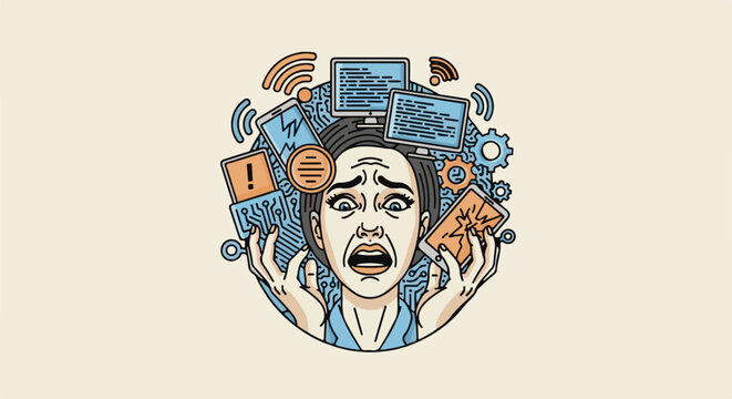 Stressed person overwhelmed by technology with broken devices
